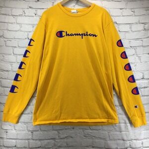 Champion T-Shirt Mens XL Script Logo Tee Golden Yellow Long-Sleeve Crew Neck